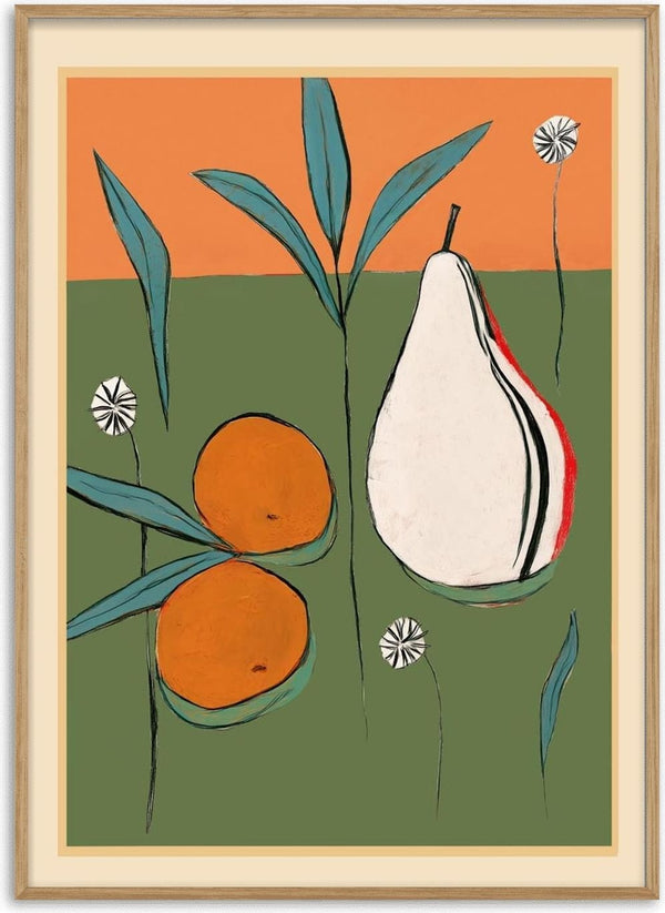 Abstract illustration of a pear and two oranges with leaves on a green and orange background.