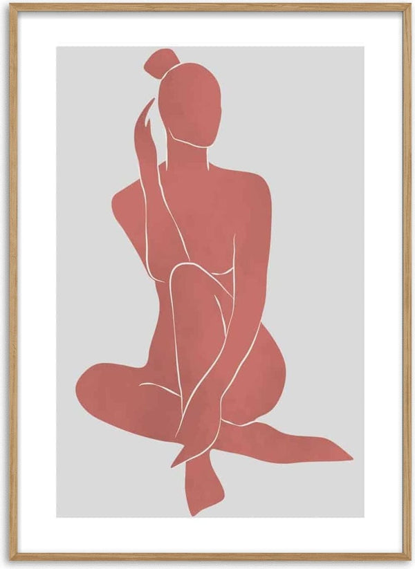 Minimalist red abstract illustration of a seated figure on a light gray background for Abstractions in Red Plakat.