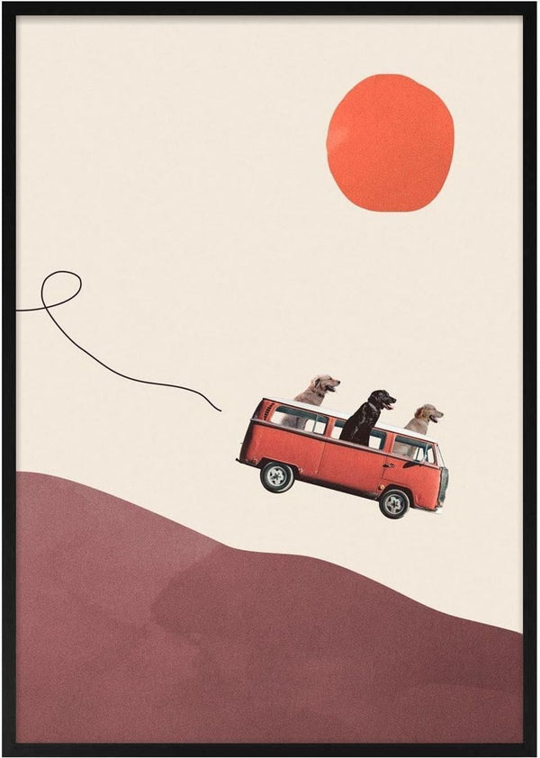 Three dogs ride in a red van driving over a hill with an abstract red sun in the sky.