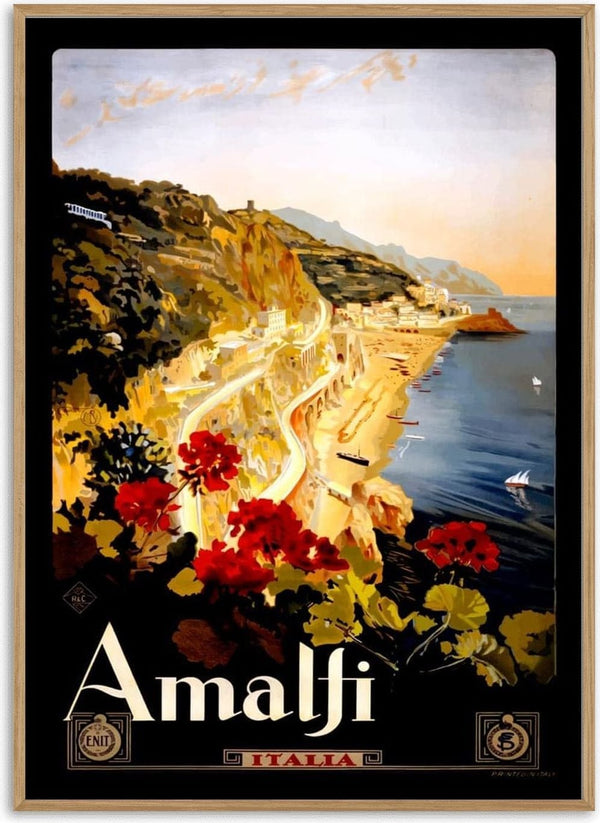 Vintage Amalfi coast poster with scenic coastline, flowers in foreground, and "Amalfi Italia" text at the bottom.
