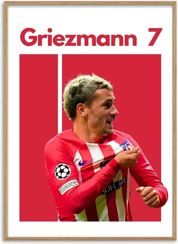 Antoine Griezmann celebrating in Atletico Madrid kit with number 7 on a red football poster.