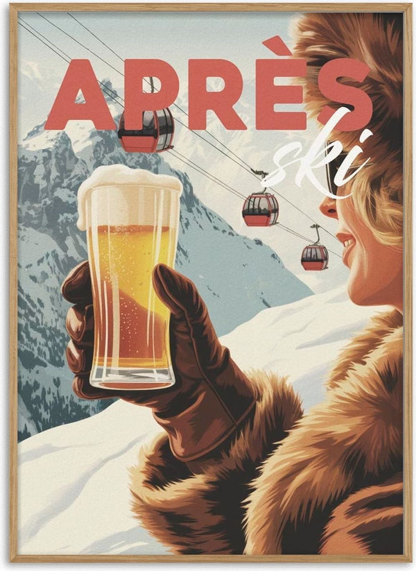 Person in winter gear holding a beer with snowy mountains and ski lifts in the background, Après Ski Alpine.