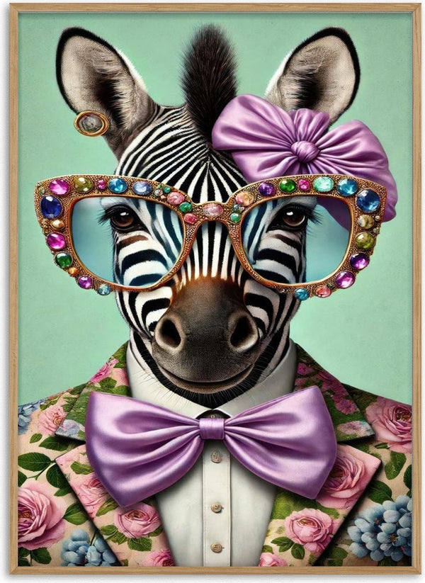 Zebra wearing jeweled glasses, lavender bow tie and headband, and floral suit, on a mint background.