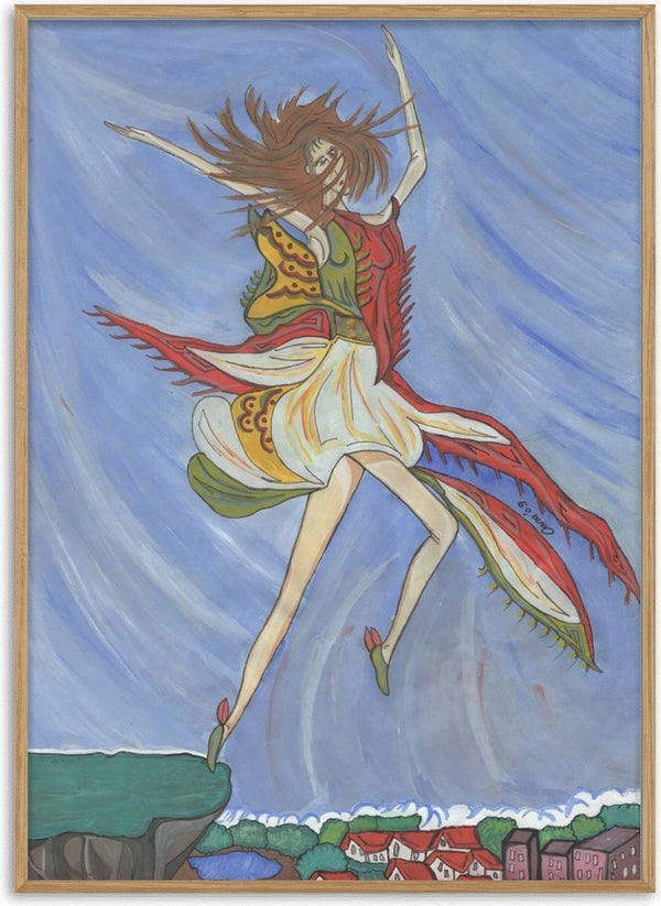 As soon as I can fly by A Sleepy Spirit Art - a woman leaping from a green cliff above a village by the sea