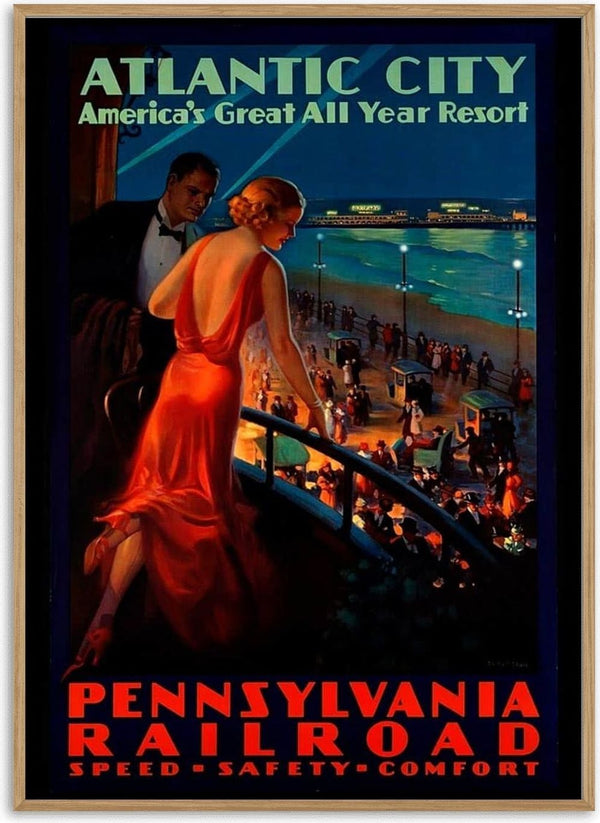 Vintage poster of Atlantic City with a woman in a red dress overlooking a busy boardwalk, promoting Pennsylvania Railroad.