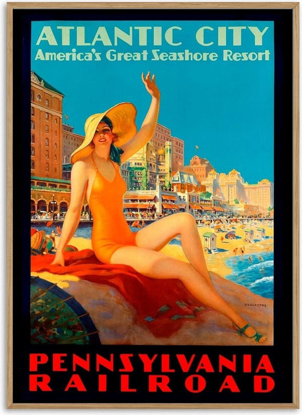 Vintage Atlantic City poster featuring a woman in an orange swimsuit at the beach, with historic hotels and boardwalk.