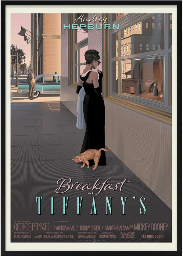 Audrey Hepburn in a black dress with a cat, gazing into Tiffany's window; "Breakfast at Tiffany's" poster.