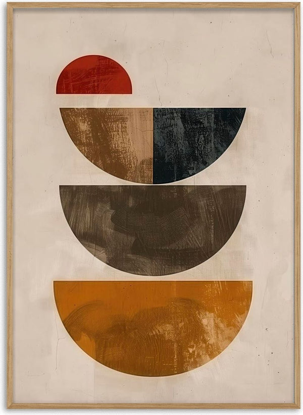 Abstract geometric art with three stacked half circles in earthy tones and a small red semicircle above, Autumn Dream 03.