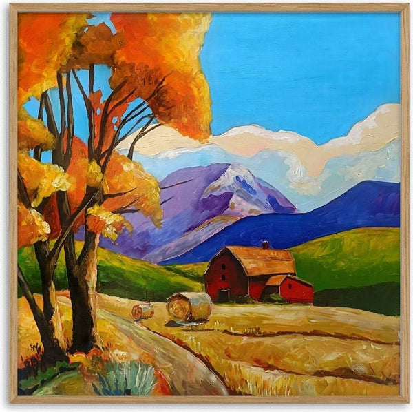 Autumn Fields by Evgenia Smirnova - orange autumn trees over golden fields and a red barn