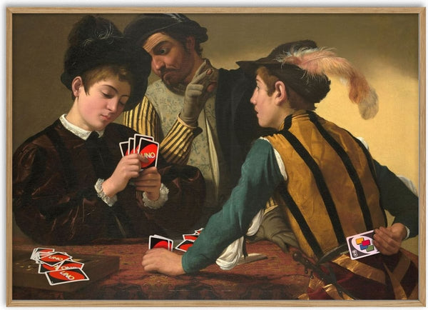 Backside Victory by Dikhotomy - Caravaggio's The Cardsharps with the playing cards replaced by UNO cards