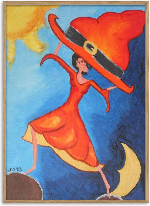 Balance Exercise by A Sleepy Spirit Art - a woman on a crescent moon holding up a huge orange hat