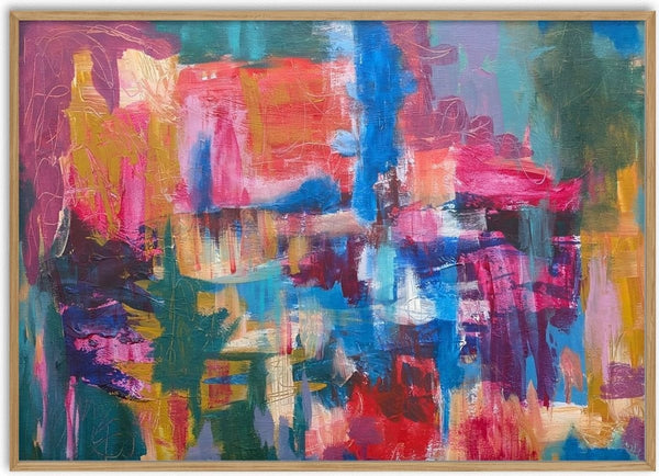 Balancing Act by Janet Bell - an abstract painting of coral, magenta and ochre strokes against deep teal and cobalt blue