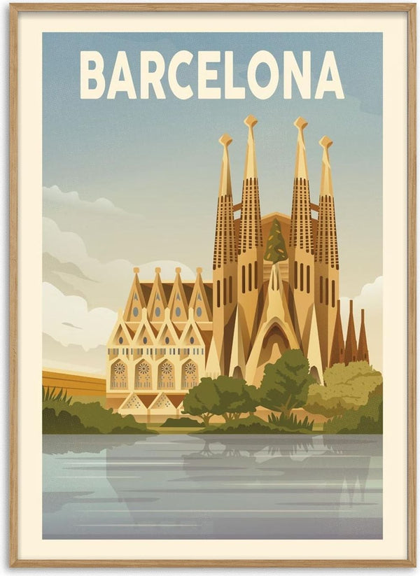 Illustration of Sagrada Família with "Barcelona" text, promoting travel to the city.