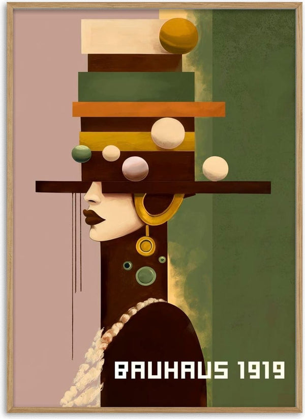 Abstract portrait of a woman in geometric Bauhaus style, with hats and jewelry; text reads "Bauhaus 1919."