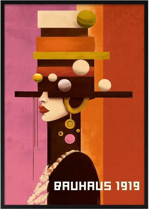 Abstract portrait of a woman in geometric hat with bold colors, text "Bauhaus 1919" on product page for Bauhaus Woman 04.