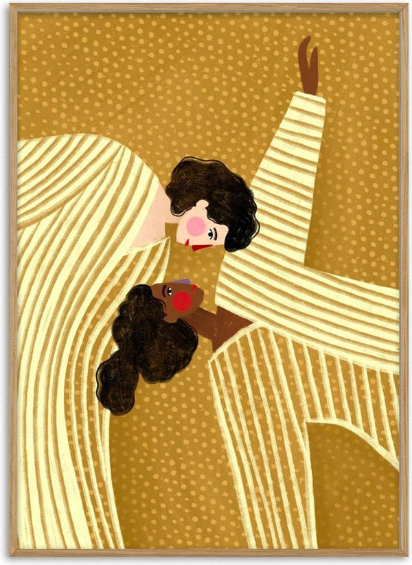 Abstract illustration of two women in striped outfits on a dotted background, from Two Line Women by Bea Muller.