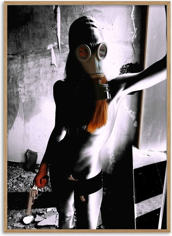 Beauty The Beast by Pelecan Schneider - a gas-masked figure with orange-streaked hair in a derelict concrete room