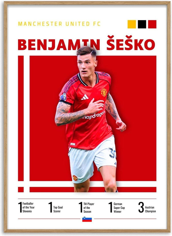 Benjamin Šeško in Manchester United kit with career highlights and national flags on a football poster.