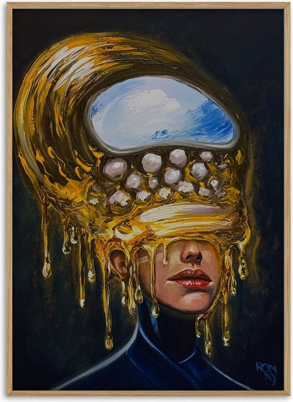 Between Worlds by Ronny Simon - a woman under a dripping gold headdress opening onto blue sky