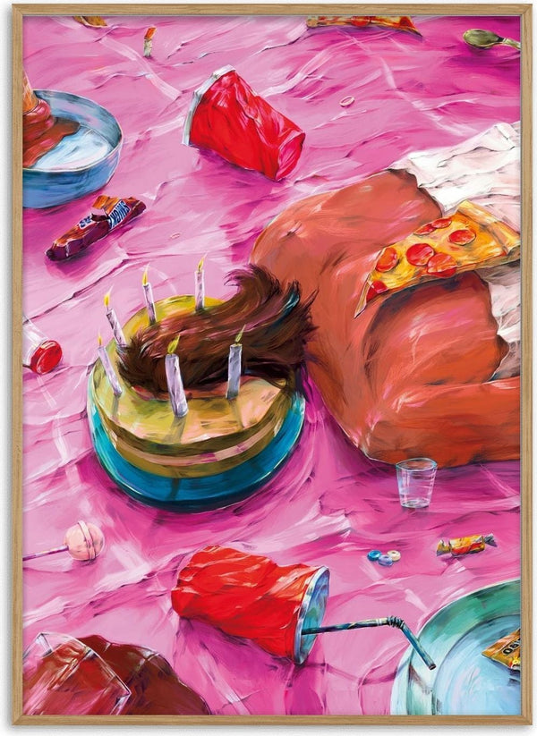 Birthday Indulgence Nap by Natascha Baumgärtner – person asleep face down in a birthday cake among party leftovers
