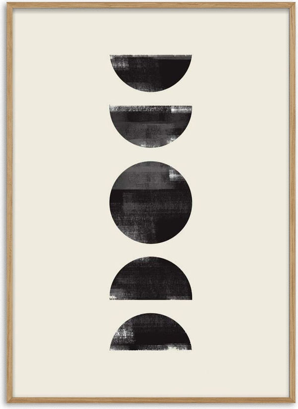 Minimalist Black Circles Plakat featuring five textured black geometric shapes on a light background.