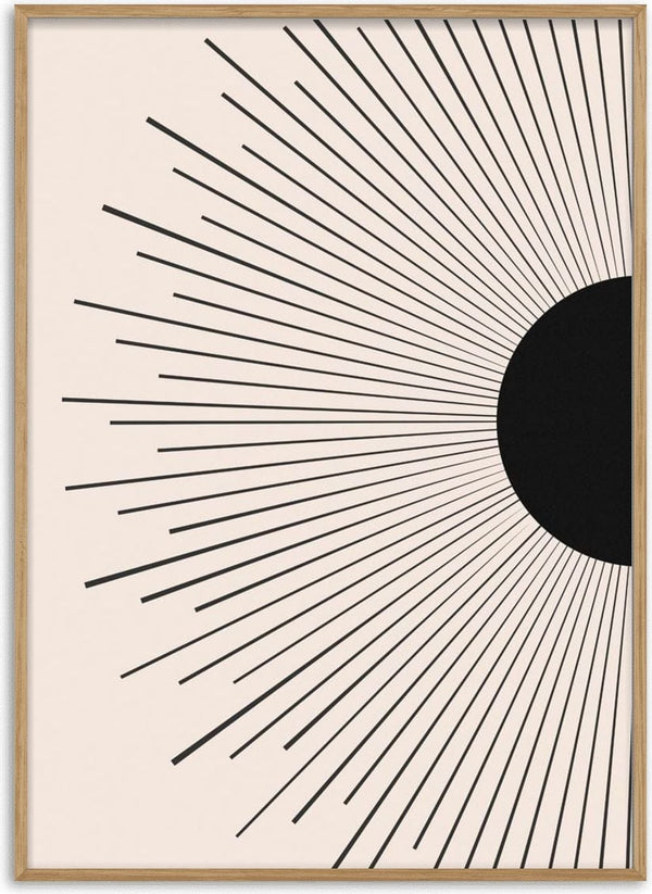 Minimalist black sunrise art poster with radiating lines, perfect for modern living room decor.