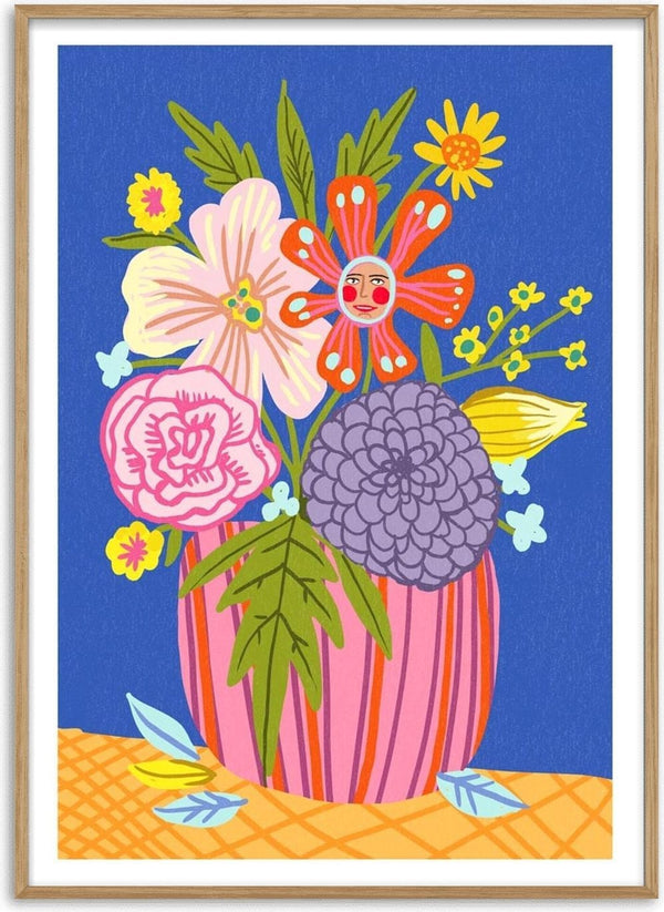 Colorful illustrated flowers in a striped vase with a sun-face flower on blue, from Blooming by Nina Broen.