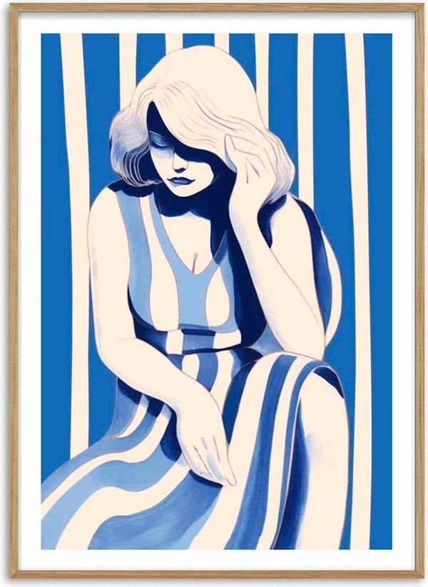 Stylized woman in a blue and white striped dress, sitting with head bowed and hand touching her hair.