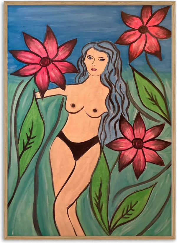 Body and Flowers. 2924 by Carmen Coduri - a woman with blue-grey hair among green leaves and red flowers