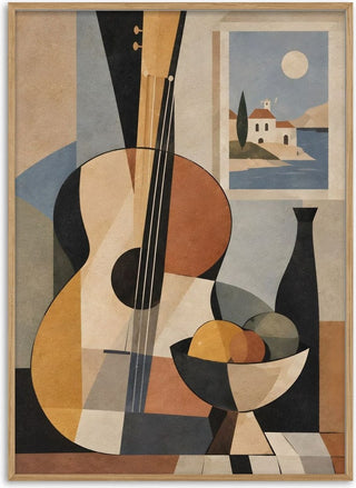 Bohemian String Instrument Still Life – Earthy Tones & Coastal Scene - TimlessArtworks