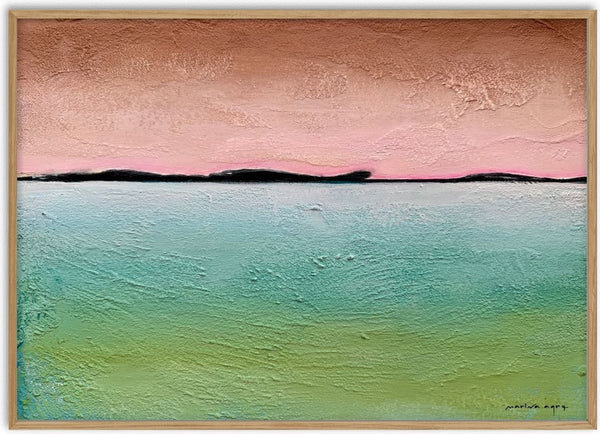 Boundary of Light by Marina Agre - copper and rose above turquoise, split by a black line
