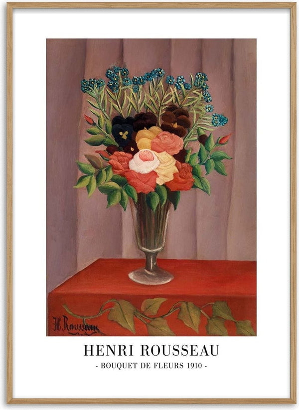 Bouquet De Fleurs 1910 by Henri Rousseau: a vase of colorful flowers on a red table with a draped curtain backdrop.