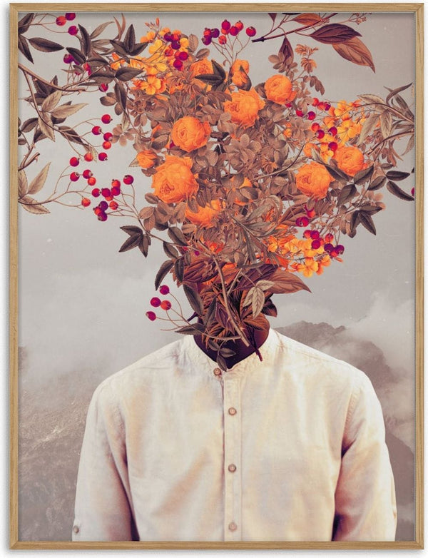 A person in a white shirt with their head replaced by blooming orange flowers and berries; surreal art print.