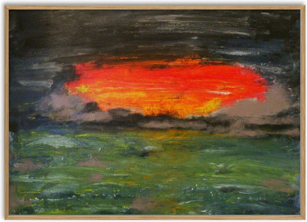 Burning sky by Ian Frederick Harris - an abstract red and orange sunset between a charcoal sky and green land