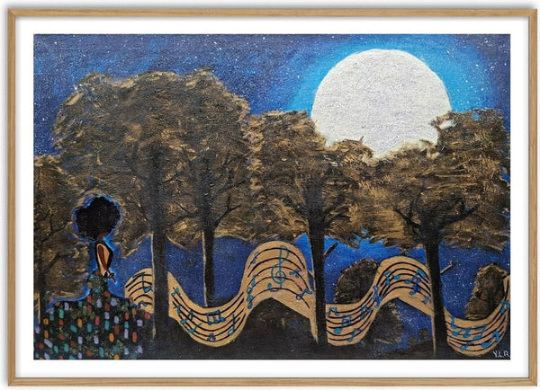 Camino al Baile by Naïve Art by YLR - a woman walking under golden trees and a white moon