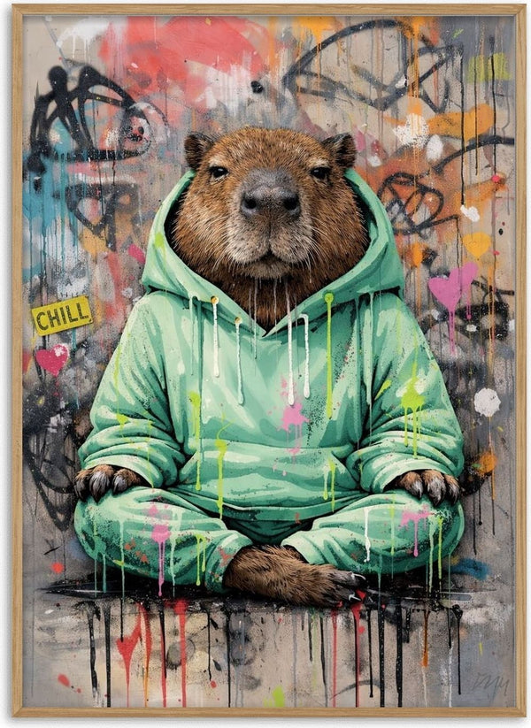 Capybara x Grafitti by Decker Studios - capybara in a mint hoodie before a sprayed grey wall