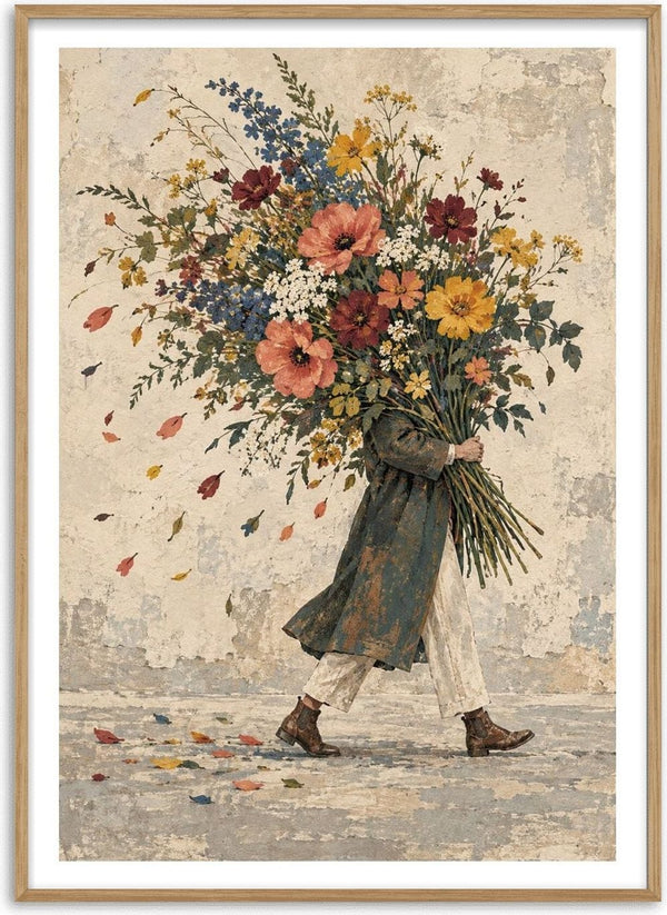 Carrying Spring by Matthews Gallerie - a figure hidden behind an enormous bouquet of wildflowers