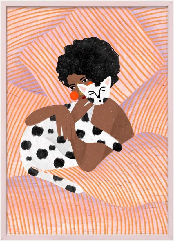 Illustration of a woman cuddling a spotted cat on an orange-striped bed, from Cat Cuddle - Bea Muller.
