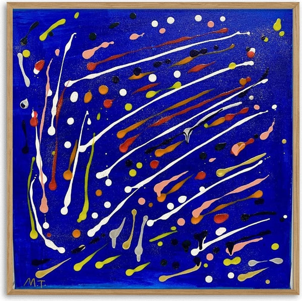 Celebration by Maria-Tia - white streaks and colourful dots dripped across a cobalt blue ground
