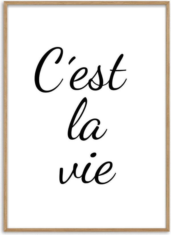Minimalist C'est la Vie poster with black script text on a white background.