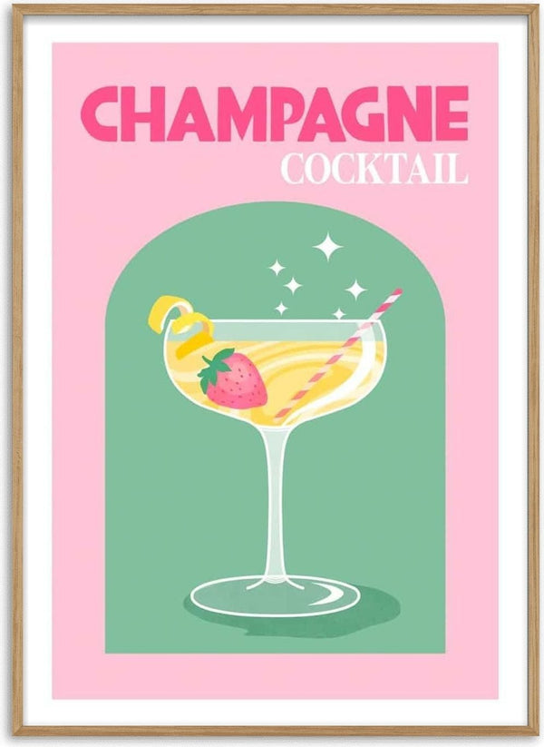 Illustration of a champagne cocktail with a strawberry and lemon twist in a glass, text reads "Champagne Cocktail."