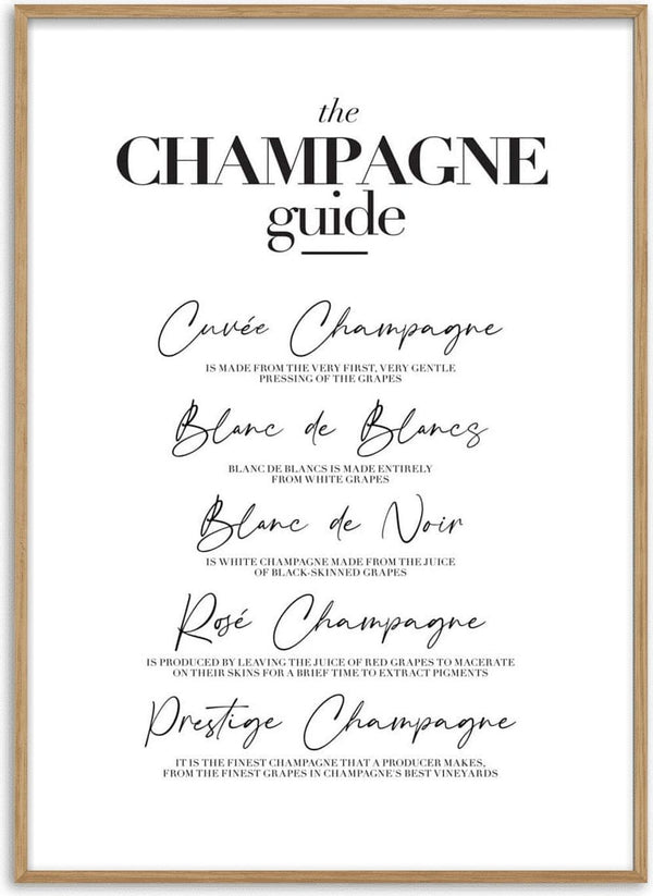 Minimalist Champagne Guide poster listing types and descriptions of champagne styles in elegant fonts.
