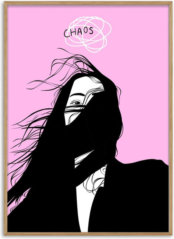 Chaos poster by Lisen Vennesland with a woman whose black hair blows across her face on a pink background