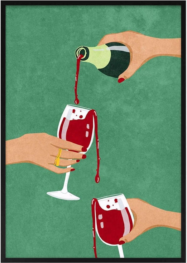 Illustration of hands pouring red wine into glasses, celebrating, from Cheers Girls by Raissa Oltmanns.