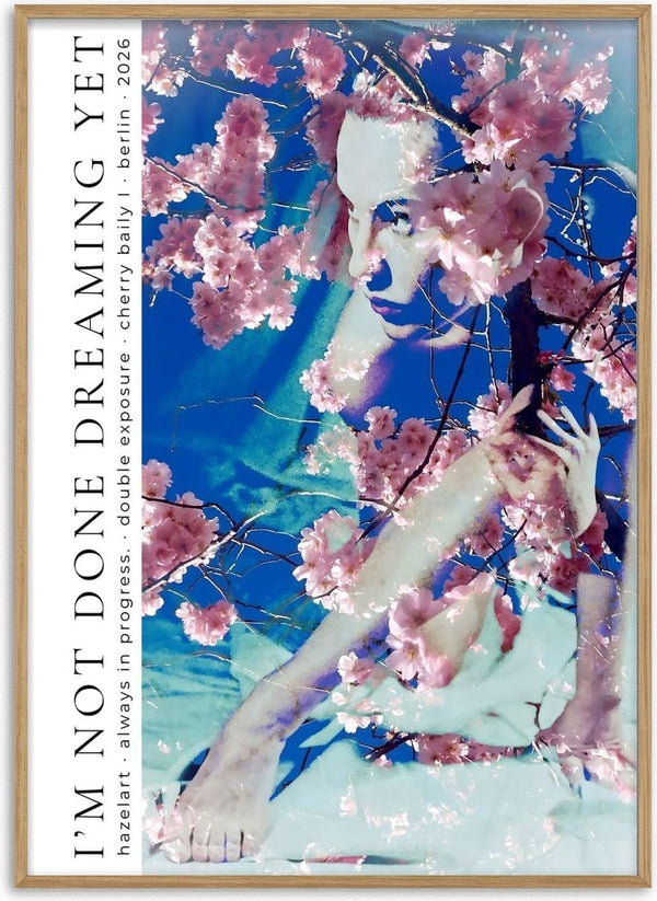 cherry baily by hazelart - a figure among pink cherry blossoms in vivid cobalt blue