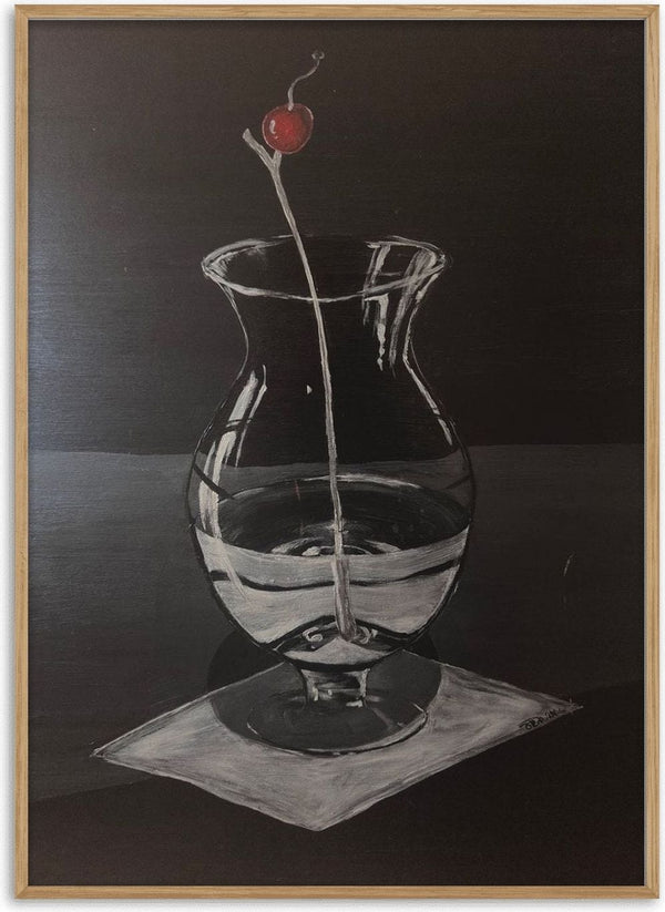 Cherry on the top by Jenyliza Kleemeyer - one red cherry on a bare stem in a glass vase of water against near-black