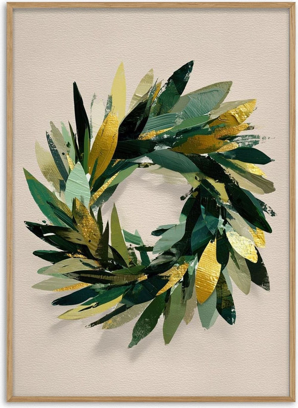 Modern Christmas wreath made of layered green and gold leaves, displayed against a neutral background.