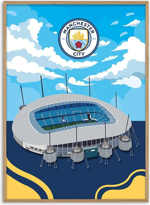 Illustrated City of Manchester Stadium under blue sky, with Manchester City logo above. Football poster artwork.