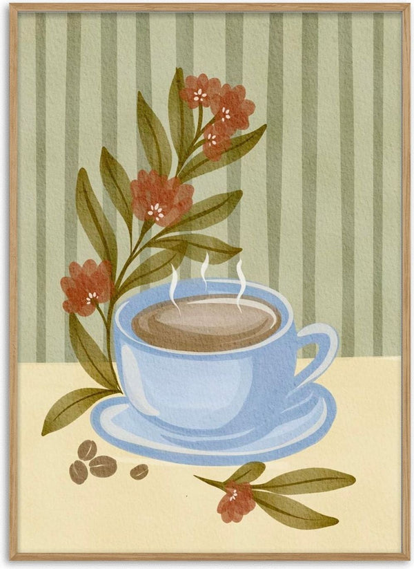 A steaming cup of coffee in a blue cup with floral accents and coffee beans, perfect for Coffee time.