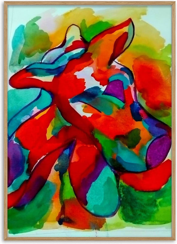 Color Pitbull 2 by Nittaart - a dog's head in a red outline with turquoise, purple and orange watercolour